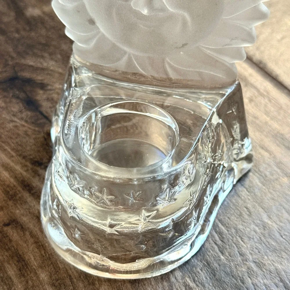Vintage 90's Whimsy Frosted Celestial Sun Face & Stars Glass Tea Light Holder
